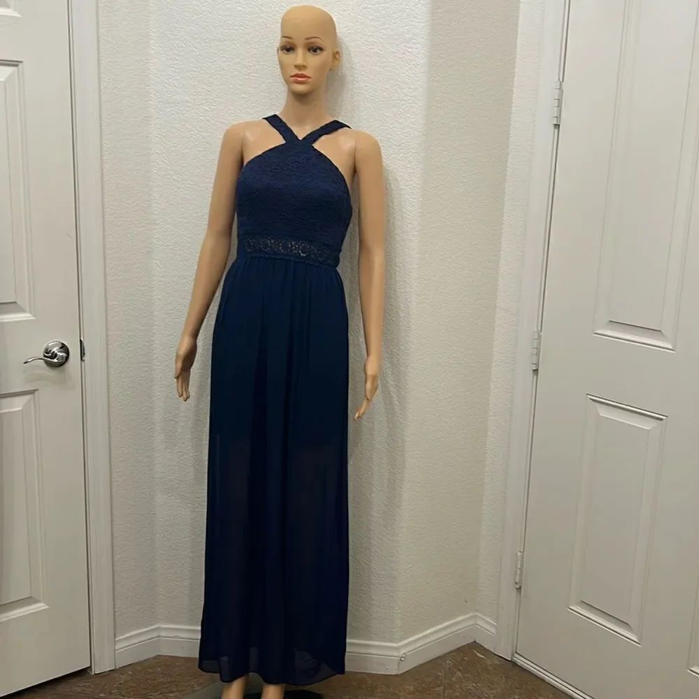 In Dress Sz 3 Navy Blue Floral Crotchet Lace Halter Neck Sheer Lined Maxi Sexy